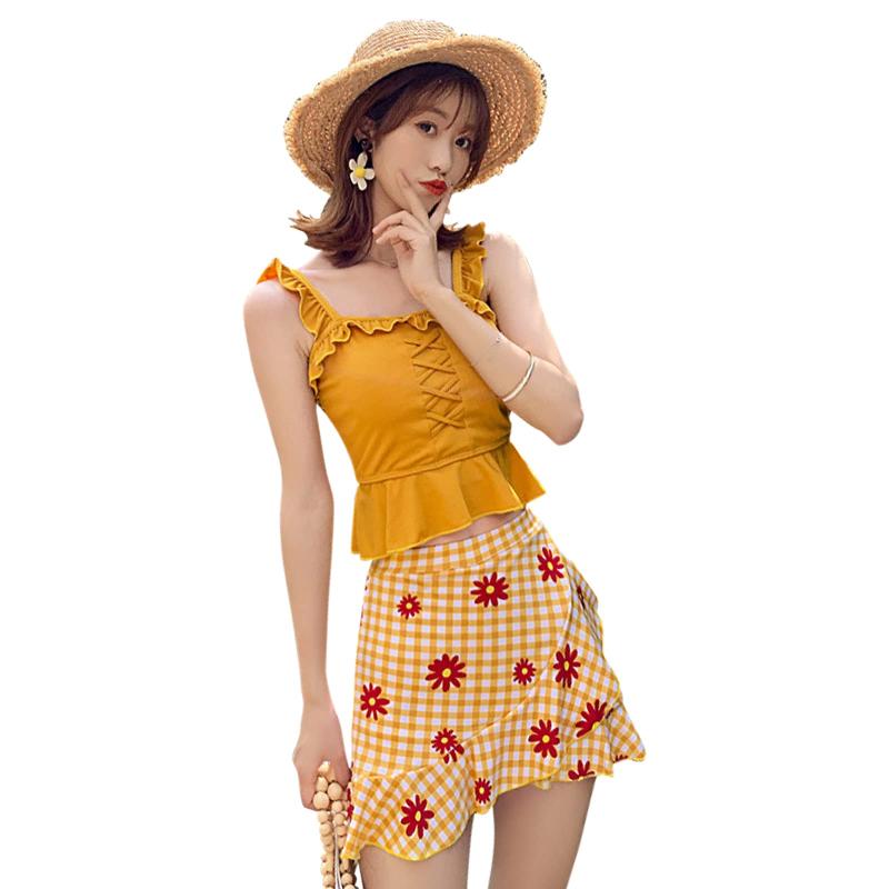 [Lhyxuuk] 水着 レディース ビキニ ビスチェ風 花柄 チェック スカート 2点セット 学生 水着 女子 中学生 高校生 みずぎ ハイウエスト フレア フリル スカート ノンワイヤー パッド付き