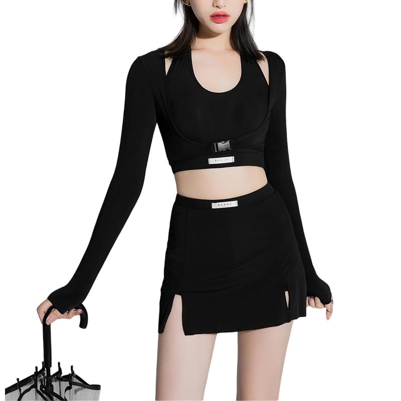 [MilaCorinna] 水着 レディース 3点セット セパレーツ 体型カバー UVカットレイヤード風 タンキニ セパレート 長袖ラッシュガード トップス キュロット かわいい ノンワイヤー パッド付き スポ