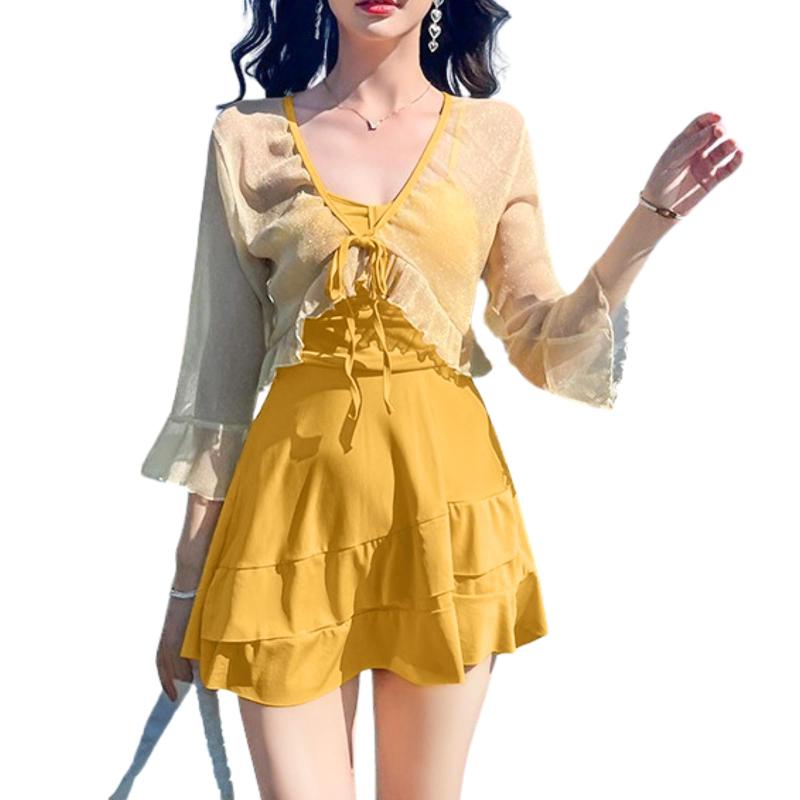 [Shanique] 水着 レディース セパレート 体型カバー 2点セット 大きいサイズ 長袖 可愛い フレア スカート フリル レースアップ UVカット 肌守り インナーショーツ パッド ノンワイヤー 露出控