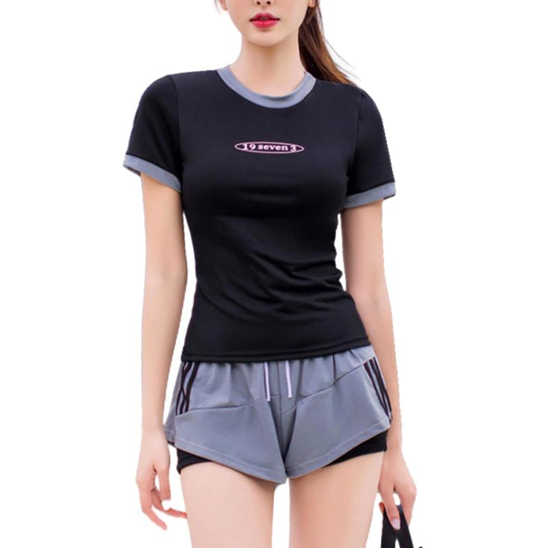 [Narebualo Cietupoop] 水着 レディース ビキニ 2点セット スポーティー水着 ショートパンツ 無地 パット付き ファッション 半袖ラッシュガードスポーツ風 速乾性 かわいい ビーチ 旅行 快適 温泉