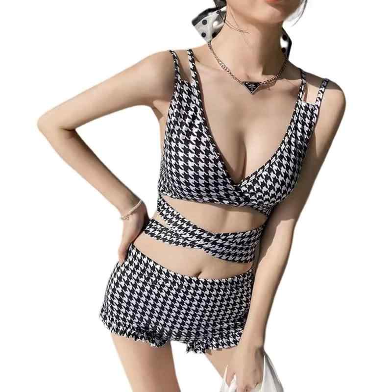 [Uroi] 水着 2点セット タンキニ レディース 千鳥格子 セパレーツ ビキニ スイムウェア フリル ハイウエスト 体型カバー 可愛い