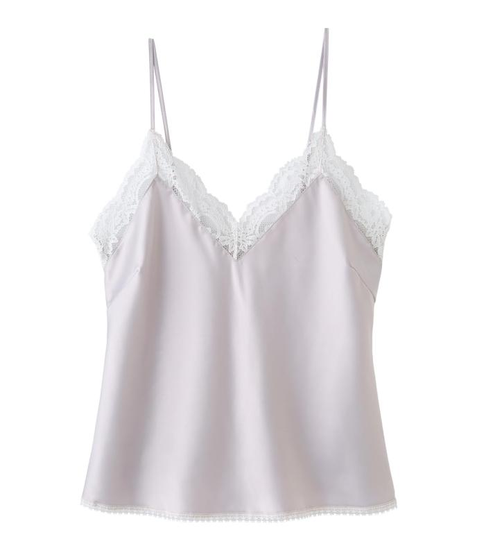 [ピーチ・ジョン] 【ランジェリー サテン ストレッチ レース ミニスリップ 光沢 透け防止 ストラップ調整可 Vネック 】レーストリム サテン キャミソール