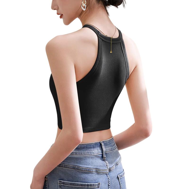 [優億] タンクトップ ショート丈 カップ付き ホルターネック インナー レディース ノースリーブ へそ出し 短い キャミソール ブラトップス 伸縮性 肌着 下着 重ね着 無地 人気