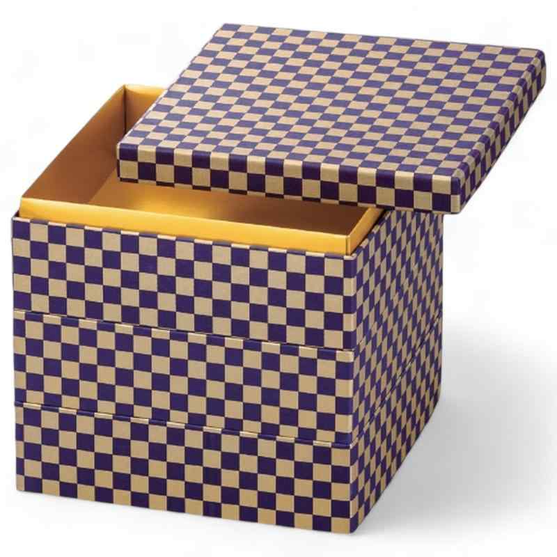 J-kitchens 漆器 重箱 3段 6寸 和 紙 紫紺金市松 19.0cm 紙製 お重 お重箱 日本製