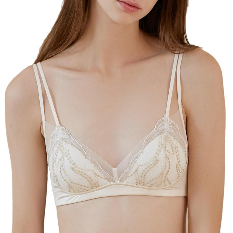 [FREELASS] 包み込むレースブラレット ワイヤレスブラ（AA~Bカップ対応） シャンパンカラー 超柔らかパッド付き 肌なじみ設計