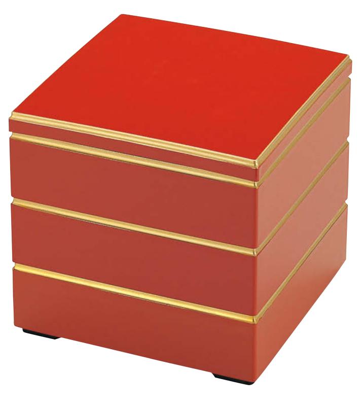 割烹漆器 若泉漆器 お重箱 7寸﻿校倉重 朱渕金（内黒）3段 H-158-5A