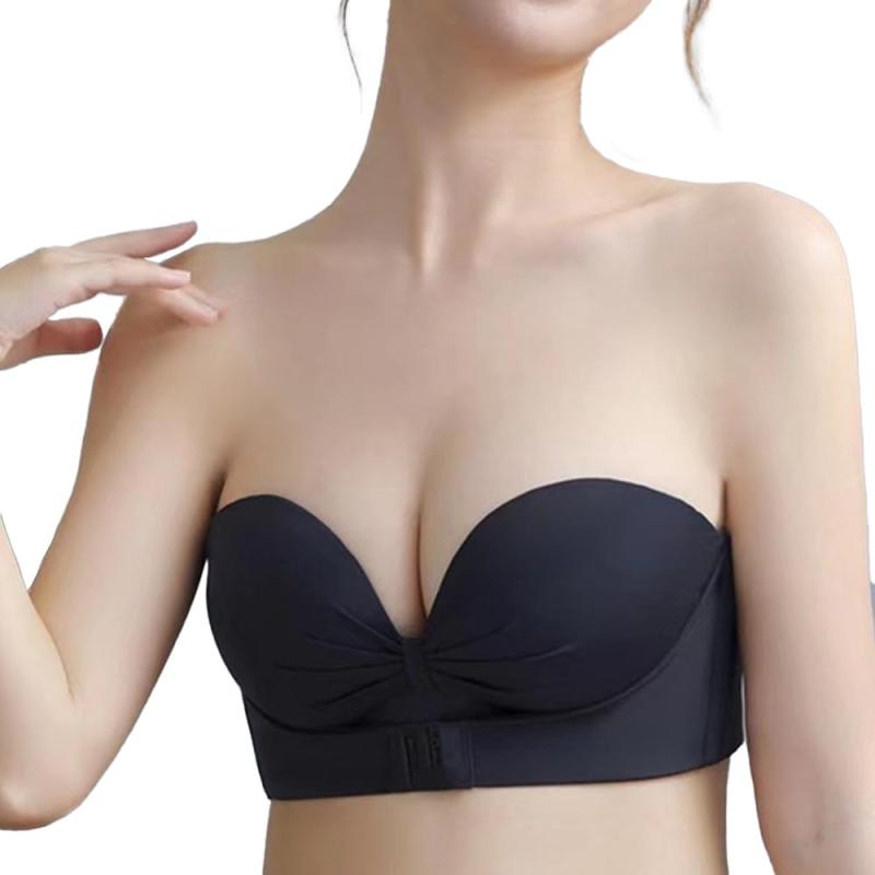 [Angel's Closet] 紐なしブラ ストラップレスブラ 【 ズレない 美胸 ノンワイヤー ブラ 】 三重滑り止め付 シームレスブラ 柔らか 高弾力パッド オフショル インナー ブラジャー 寄せブラ プラス