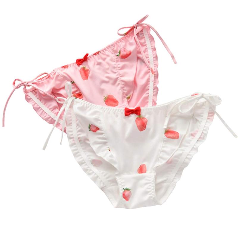 [LIUXU] レディース ショーツ サテン女性のパンティー 苺 プリントリボンパンツ レギュラーショーツ大きいサイズ 下着セット かわいい パンティー 2枚