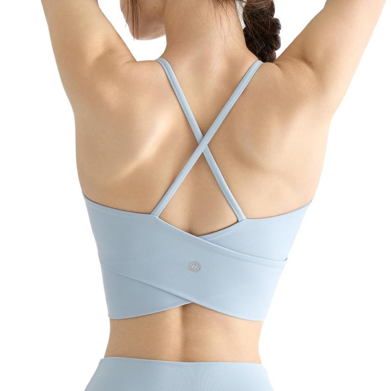 [Yomoment] ミディアムサポート スポーツブラ ノンワイヤー カップ付き 幅広アンダー バッククロス 吸汗速乾 Vネック ヨガウェア レディース ブラトップ スポブラ トレーニング フィットネス