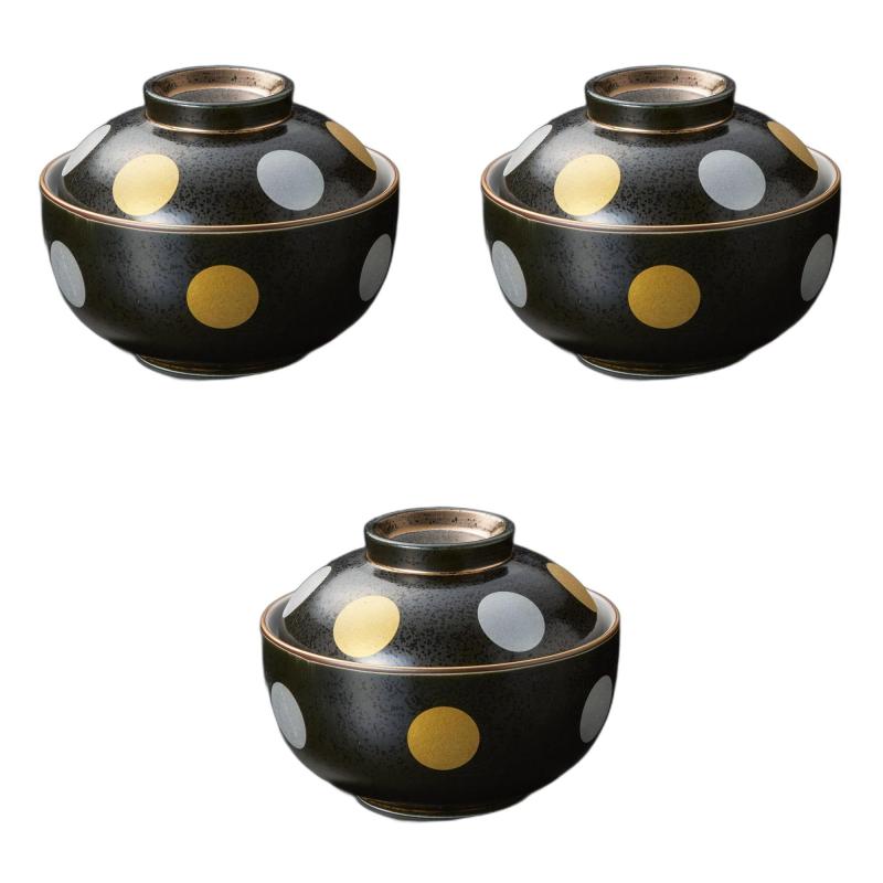 3個セット 黒結晶金銀彩丸紋煮物碗 [ 11.4×8.7cm ] | 煮物碗陶磁器 セトモノホンポ(Setomonohonpo)