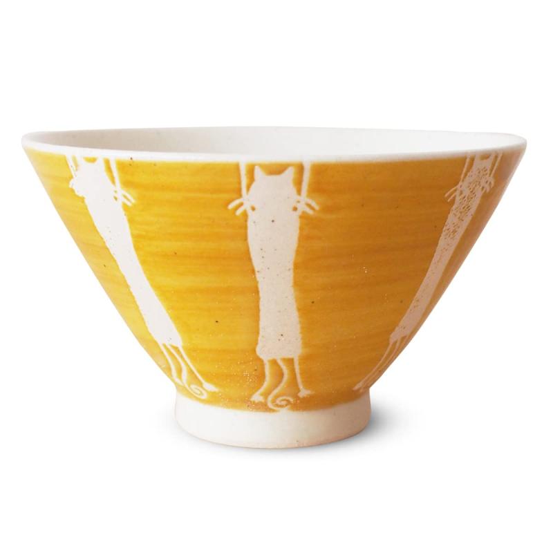 J-kitchens 勲山窯 茶碗 11.5cm 波佐見焼 日本製 背伸びねこ イエロー
