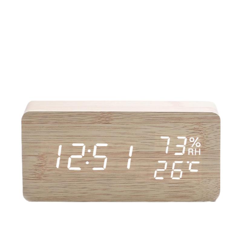 目覚まし時計 木目調 LED 温湿度表示 3種類アラーム 音声センサー 3段階調光 デュアル電源 置き時計(3.0)