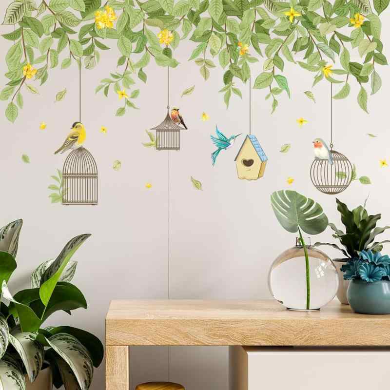 Mansoyun 自然風景 ウォールステッカー 緑の籐と花, 緑の葉と花柄, グリーン 吊り下げ 観葉植物、藤です、蝶と鳥かご デザイン, 自然風インテリアシール, はがせる壁紙シール, 防水 PVC素材 wall