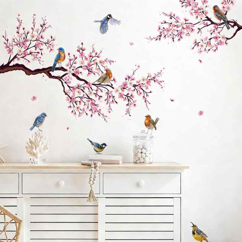 koundeneko 桜 ウォールステッカー セット 2枚入り ピンク系 桃の花 鳥 ウォールシール 春 雰囲気満点 DIY 壁装飾 ステッカー 玄関 リビング 寝室 オフィス ショップ用 壁紙シール インテリア装