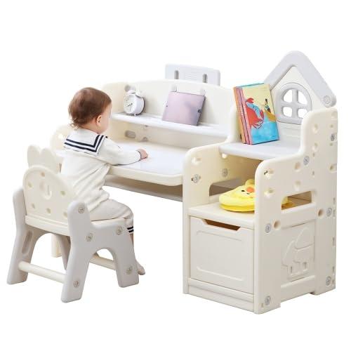 BTM 子供用テーブル チェアセット 多機能 4IN1キッズデスク キッズチェア ブロックテーブル 高さ調整 角度調整 収納付き1~10才 学習デスク 机 幼児机 学習机 プレゼント【4IN1キッズデスク＆チェアセット】キッズデスクはブロックや読書、お絵かきができる上、付属の収納ボックスでデスク周りをすっきりする楽しくお片づけの習慣を身につきます。さらに二段階高さ調節が可能、成長に合わせて長くお使いいただけます。【多機能キッズデスク】子供の成長をサポ-トし、学習や遊びなど、さまさまなシ-ンに適用できます。【使い分けの収納スペース】大きめのおもちゃからペンなどの小物までまとめて収納。【人間工学に基づくデザイン】正しい姿勢を身につけます。【安全認証済み】子供が使う物だから、【EN71】の安全認証は取得済みです。乳幼児向け製品は【EN71】という規定が発行され、対象年齢や使用目的など、様々な角度から安全性について検査されます【地球と子供に優しいHDPE素材】ツルツルしたHDPE素材なので水濡れに強く、汚れてしまってもすぐに拭き取ってきれいにすることができる。無害・無毒 赤ちゃんが舐めてしまっても問題ない材質でできてるので安心です。【丸み加工】角に丸みを付け、不意による怪我を防止する。素材：PE/PP耐荷重：デスク40kgチェア100kg推奨身長：80cm～130cm