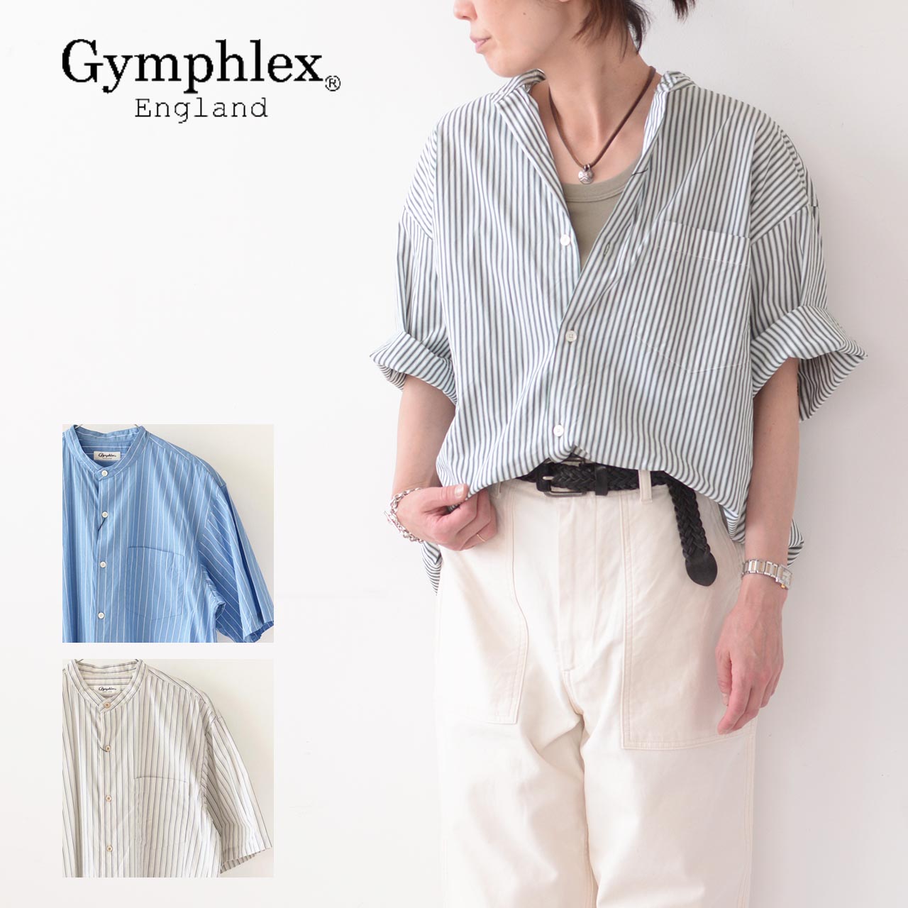 【SALE 20 OFF】Gymphlex ジムフレックス M BAND COLLAR SHIRT S/S GY-B0156MUL バンドカラーシャツ 半袖 スタンドカラーシャツ 半袖シャツ ストライプシャツ コットンシャツ MEN 039 S 2023SS