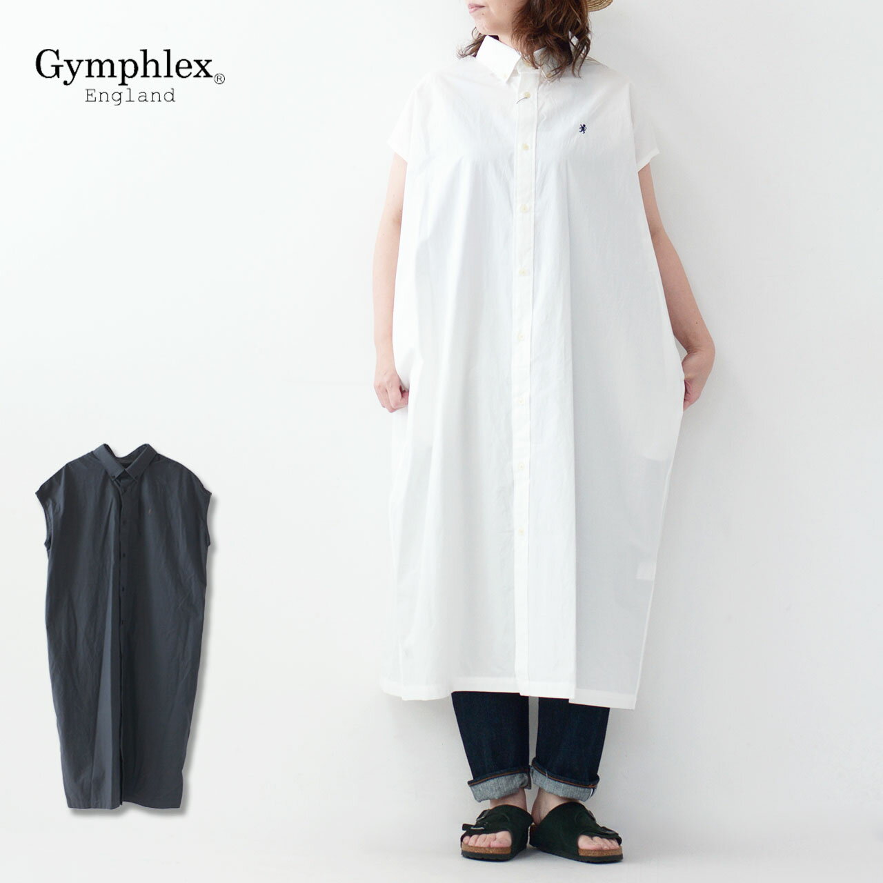 Gymphlex [ジムフレックス] SLEEVELESS B.D. SHIRT DRESS [GY-B0246TYO] ボタンダウンシャツドレス・スリーブレス・ノースリーブ・袖なし・ロング丈・シャツワンピース・コットン素材・LADY'S [2024SS]