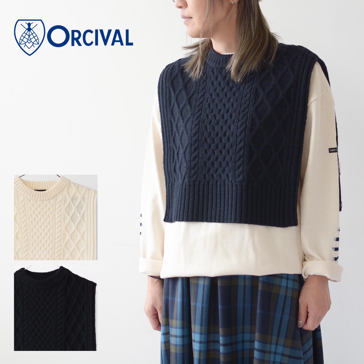 【SALE 40%OFF】ORCIVAL [オーチバル・オーシバル] W CREW NECK CABLE CAPE [OR-D0063FMC] クルーネックケーブルベスト・ケープ・ニットベスト・ジレ・無地・LADY S [2023AW]