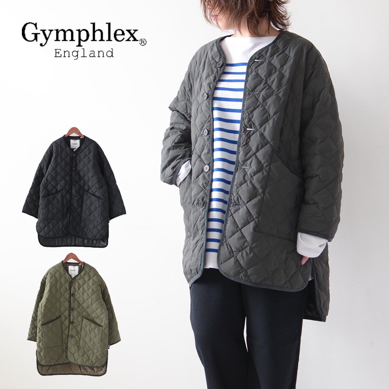 【SALE 30%OFF】GYMPHLEX[ジムフレックス] W QUILT DOWN COLLARLESS COAT [GY-A0056NYM] キルトダウンカラーレスコート・ノーカラーコート・秋冬コート・ダイヤキルト・サイドスリット・ルーズ・ワイドシルエット・アウター・LADY'S [2023AW]