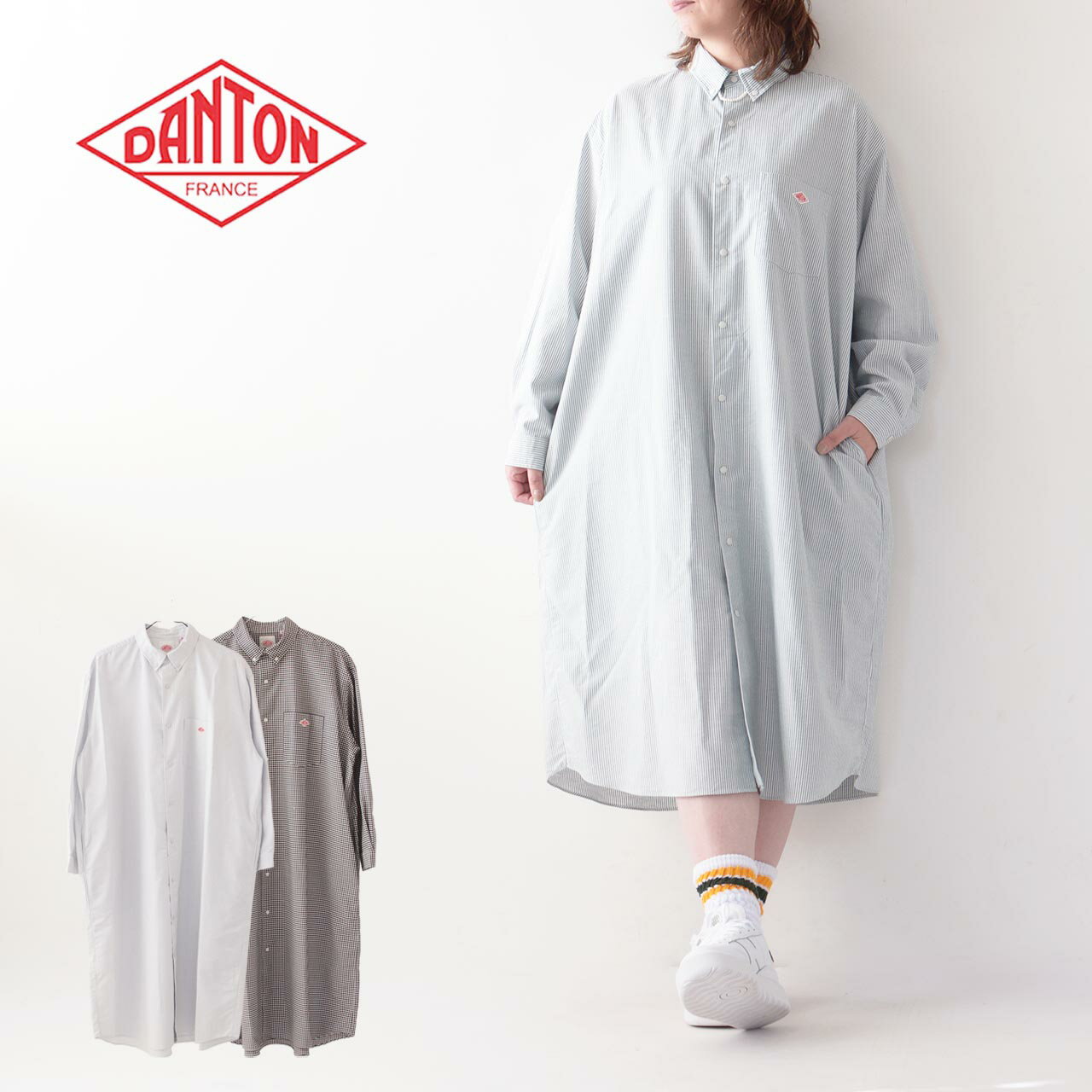 DANTON ダントン W COOLMAX OXFORD B.D SHIRT DRESS-DESIGN- DT-G0049CMX-D クールマックスボタンダウンシャツドレス シャツドレス シャツワンピース ギンガムチェック ストライプ LADY 039 S 2024SS