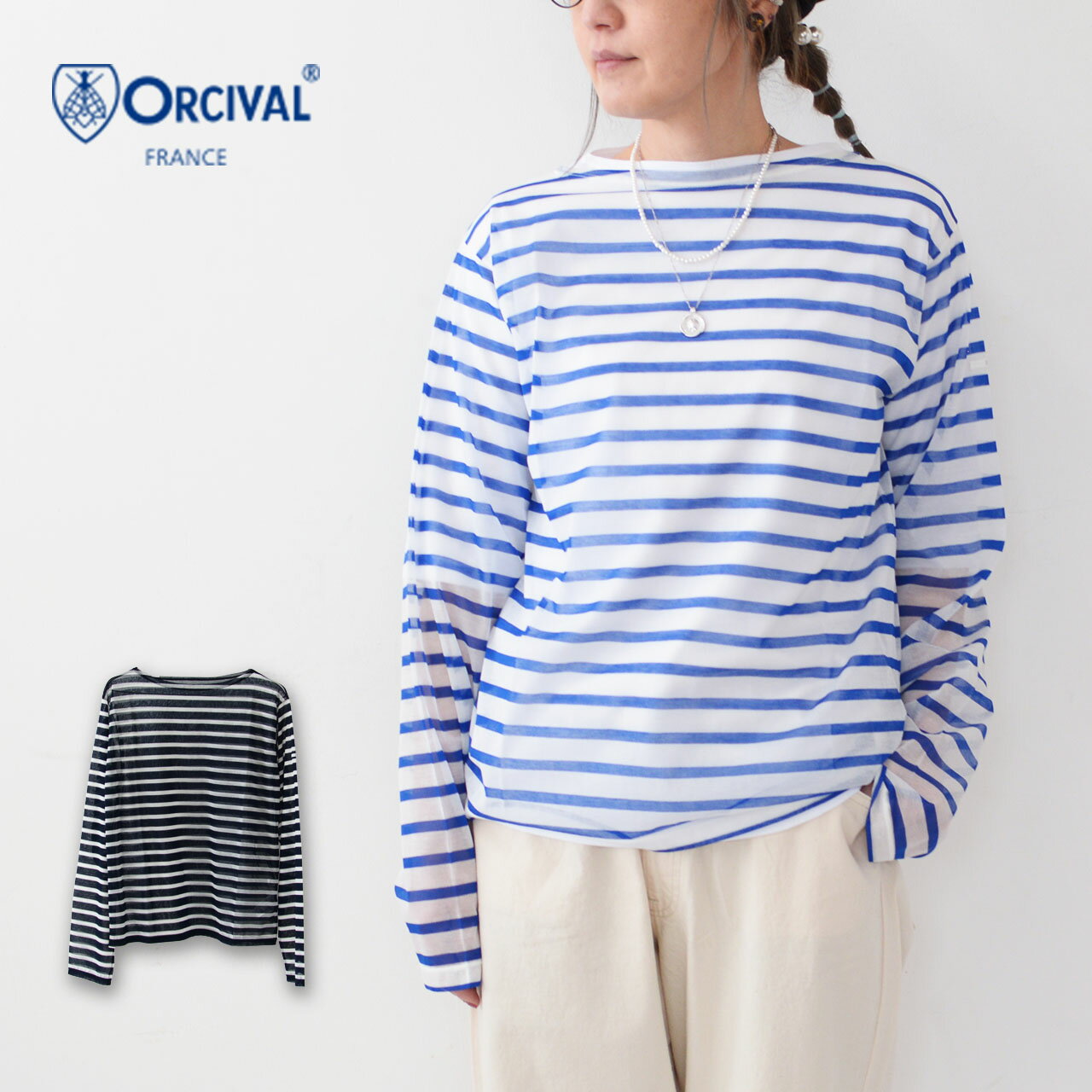 ORCIVAL  W SEE THROUGH BOAT NECK L/S CUT AND SEWN-BORDER-  シースルー ボートネック長袖カットソー・ボーダー・シアー素材・ボートネック・LADY'S 