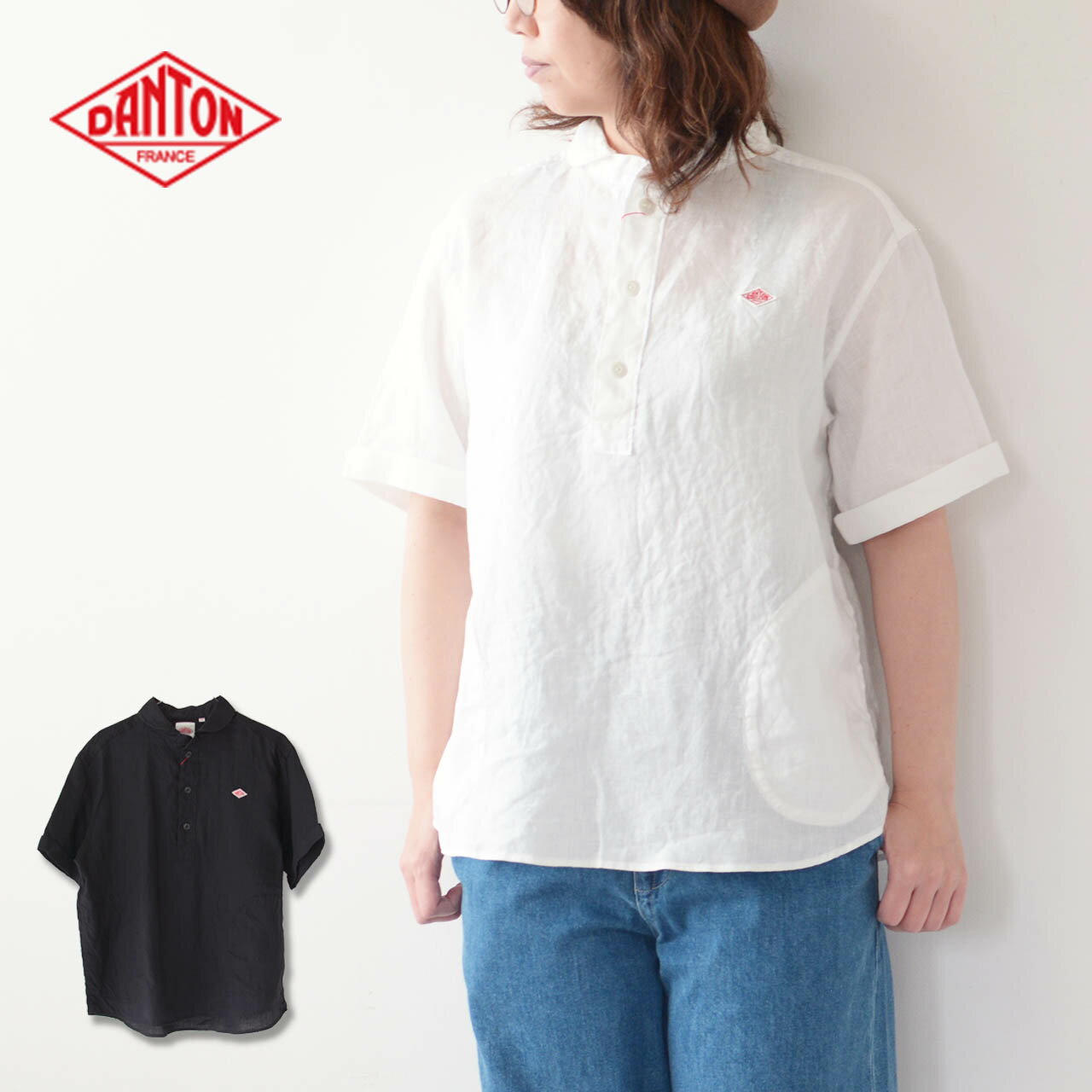 DANTON  W S/S LINEN ROUND COLLAR P.O SHIRT  S/SリネンラウンドカラーP.Oシャツ・リネンシャツ・半袖シャツ・丸襟・LADY'S 