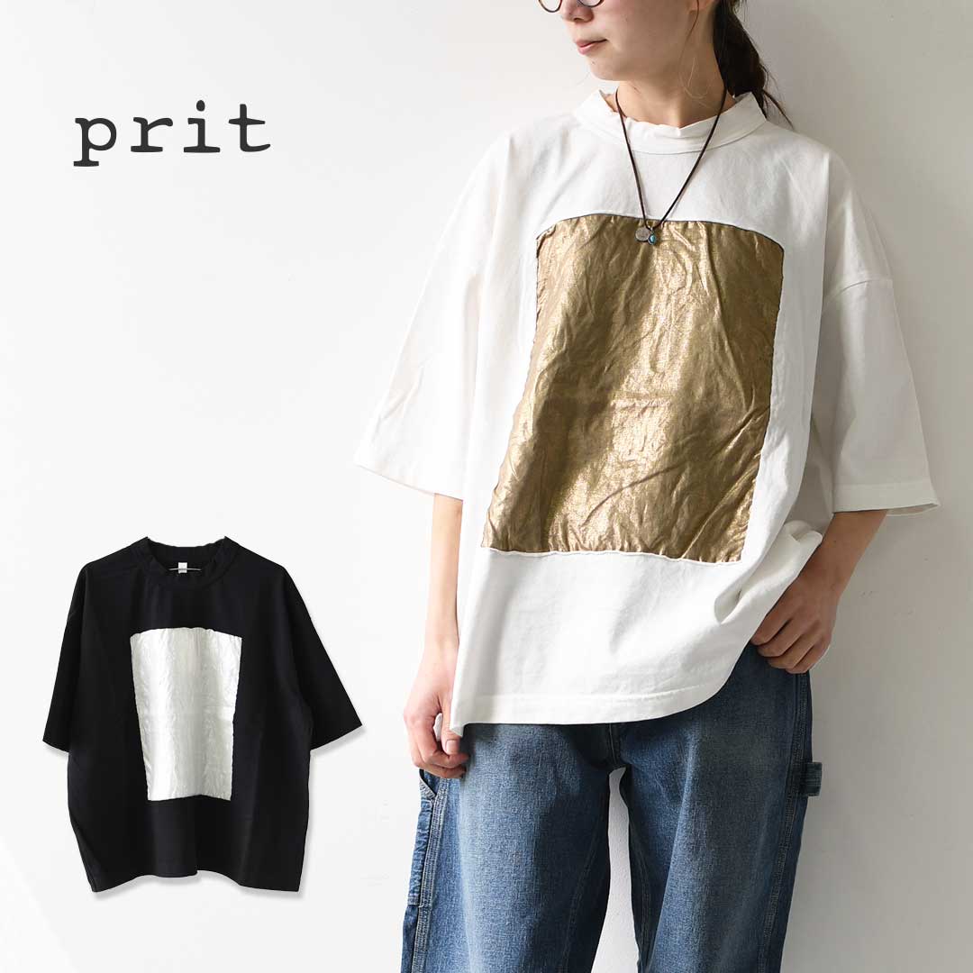 prit [プリット] 17/1空紡天竺×40/1リネン箔プリント 5分袖フレームTシャツ [P91605] Tシャツ・5部袖Tシャツ・プリント・ドロップショルダー・ゆったりシルエット・LADY'S [2026SS]