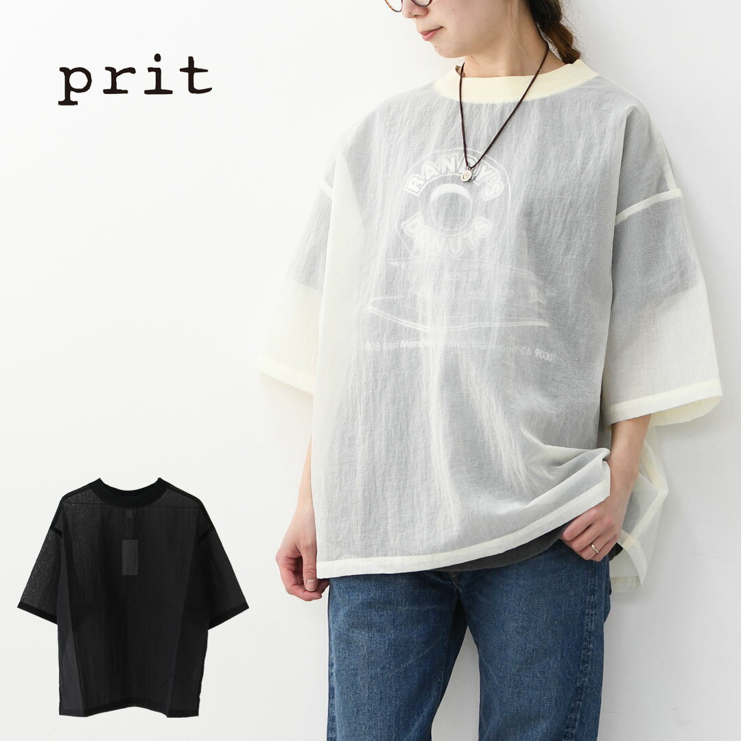 Three-Quarter - prit [プリット] ナイロンシアーペーパーリップストップ5分袖Tシャツ [P82602] シアー素材・5部袖・オーバーサイズ・ゆったりサイズ・プルオーバー・透け感・LADY'S [2026SS]