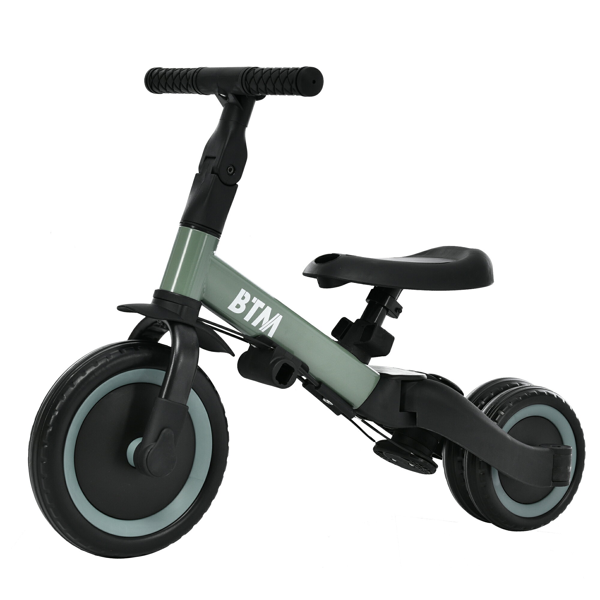 子供用三輪車 5in1（マットグリーン） 自転車 オリジナル 押し棒付き 安全バー付き キックボード