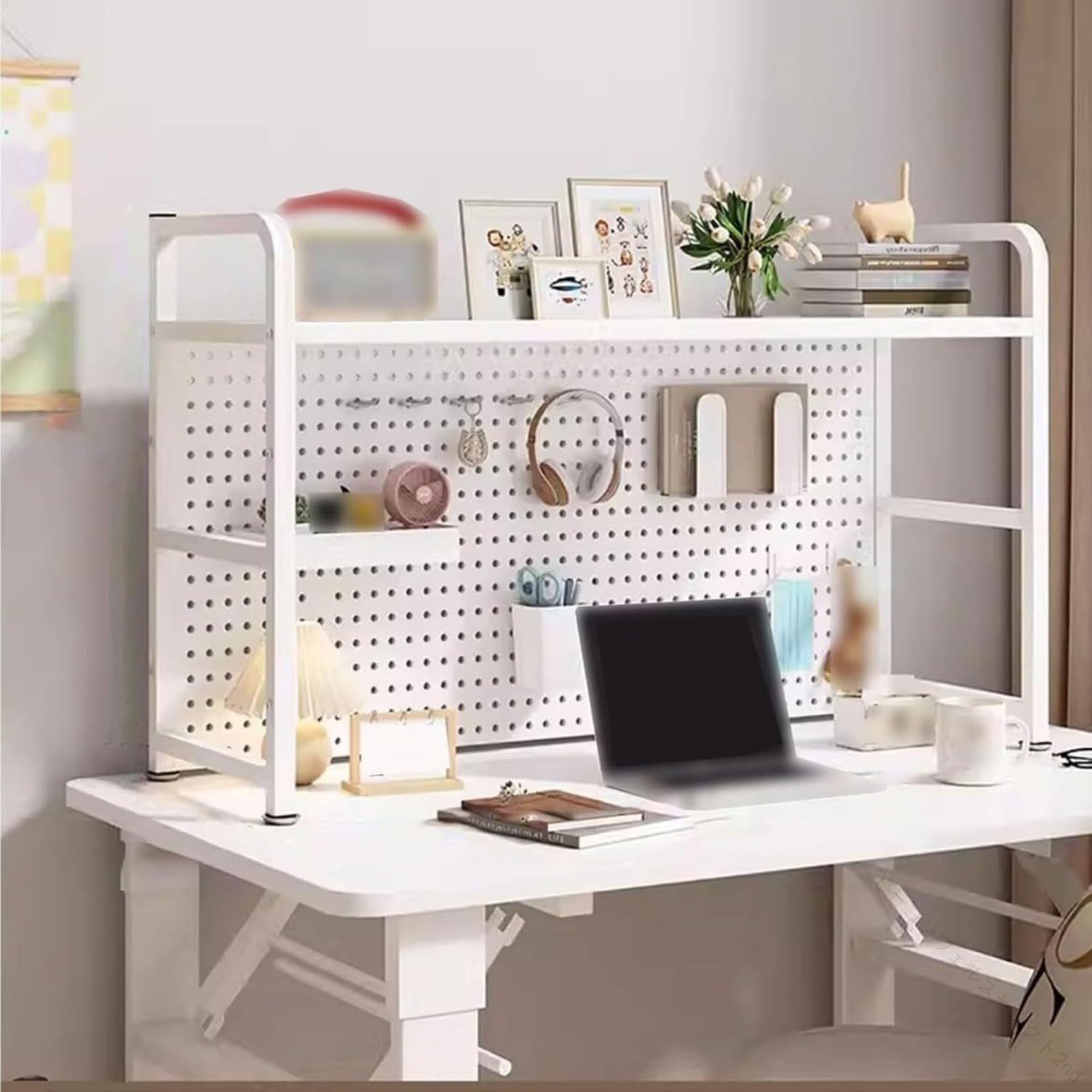 乐天商城 - デスク 棚 後付け パソコン置き 卓上 収納 棚 55*68cm white 厚い スチールフレーム 揺れにくい 穴付き 穴板 デスク 2/3段 多機能 小物 雑品 階層型 収納 オフィス 収納