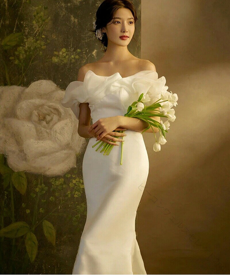 乐天商城 - ウェディングドレス 花嫁 ドレス ウエディングドレス 白 ロングドレス マーメイド オフショルダー 編み上げ フォーマル オシャレ 高級感 華奢 二次会 結婚式 披露宴 イベント 演奏会 発