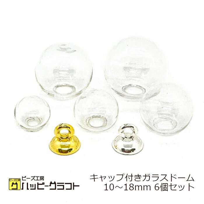 キャップ付き ガラスドーム 6個セット 10mm 12mm 14mm 16mm 18mm 蓋付き 丸 球体 ボール ゴールド シルバー 金 銀 透明 クリアー レジン ハーバリウム ドライフラワー アクセサリーパーツ ピアス イヤリング チャーム ハンドメイドの商品画像