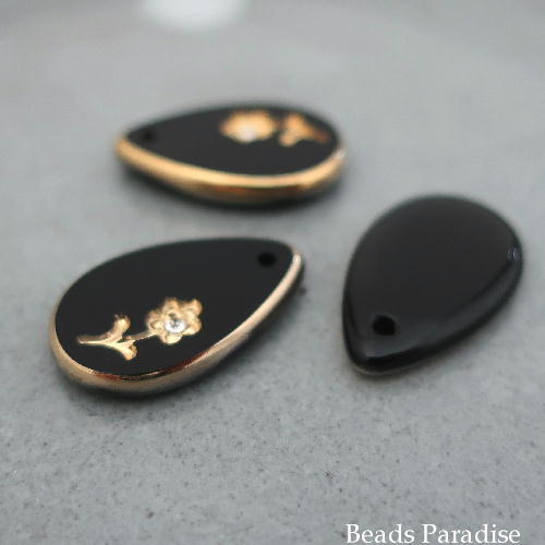 ドイツガラスペンダント【154】（1個入り）21×13mmドロップ型 ブラック/フラワー