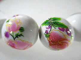 とんぼ玉 ビーズ パーツ 丸珠 中国陶器ビーズ パーツ　桃色ピンクと緑のフラワー（さくら）桜　（花柄）大珠14mm珠−2 連1本