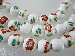 とんぼ玉 ビーズ パーツ 丸珠 中国陶器ビーズ パーツ　カラフルフラワー（花柄）8mm珠−23 連1本