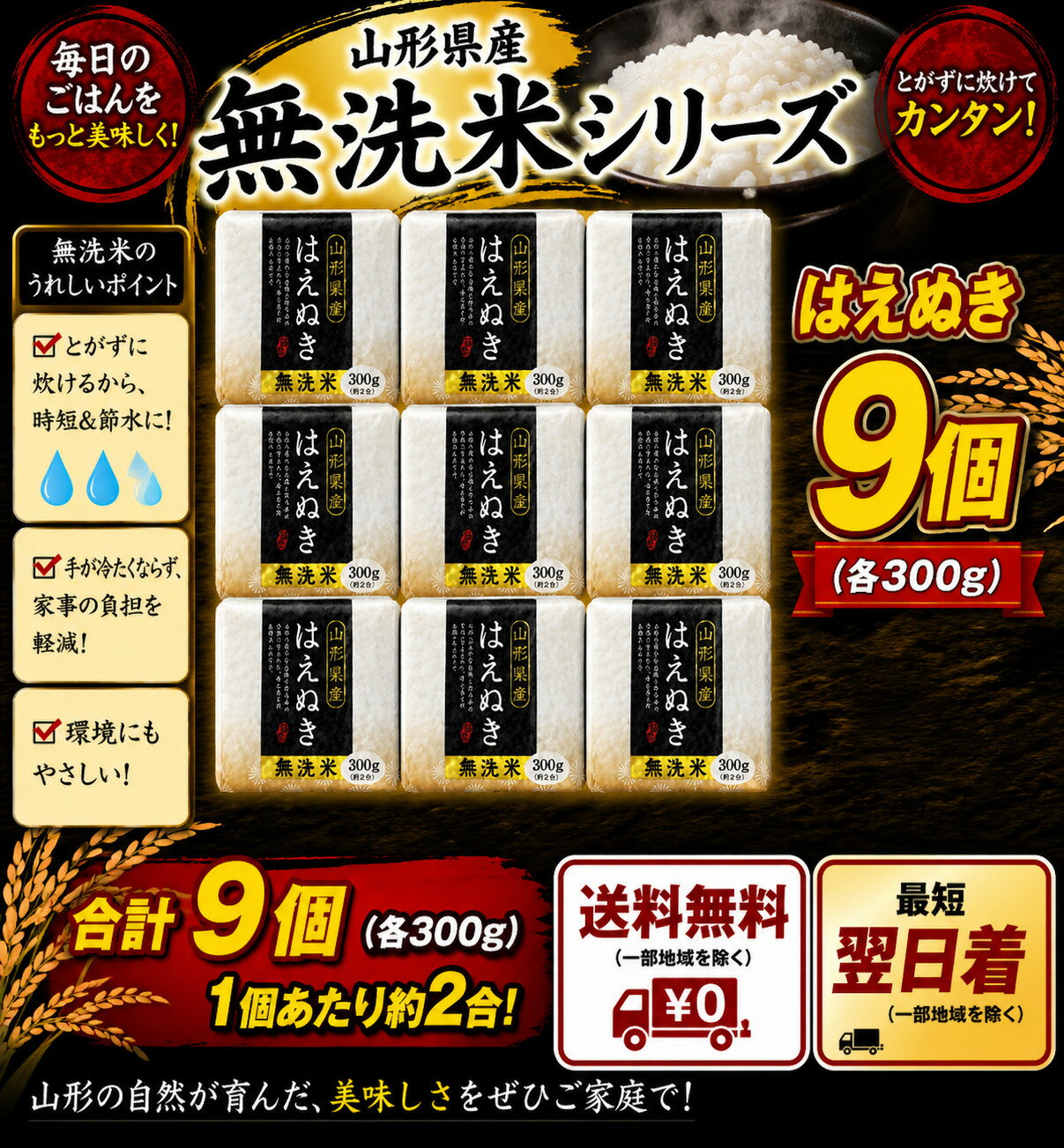 2 kg以上5 kg以下 - 山形県産 無洗米 真空パック (はえぬき) 300g×9個 キューブボックス　令和7年度産