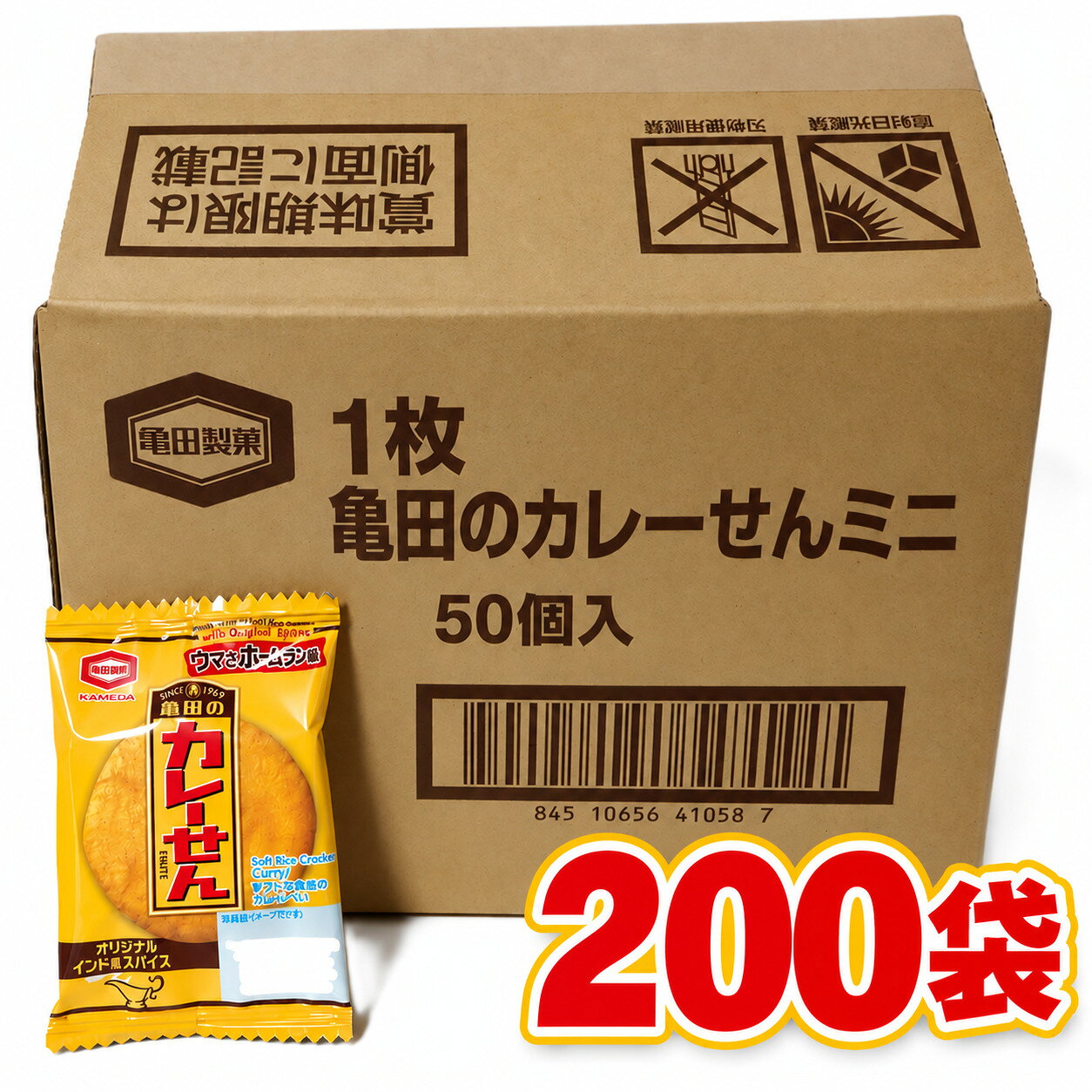 内容量：1枚入×200袋の大容量パッケージ 原材料：うるち米（国産、米国産）、植物油脂、でん粉、米粉（うるち米（米国産））、カレー風味調味料、砂糖、食塩／加工でん粉、調味料（アミノ酸等）、香料、植物レシチン、香辛料抽出物、着色料（アナトー）、（一部に大豆・鶏肉を含む） 個包装タイプ：大容量、個包装で様々なイベント行事等で大活躍です 本格スパイス使用：香り極めたインド風本格スパイスを使用し、ピリッと旨辛い味わいを実現 懐かしい駄菓子風：昔懐かしい駄菓子風のおせんべいで、幅広い年齢層に楽しんでいただけます