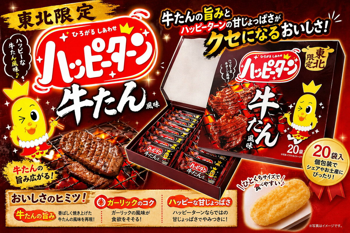 内容量：20入り（1箱）×24箱 商品サイズ1箱（227×213×32） 商品の説明 牛たんの美味しさをプラスした東北地区だけのハッピーターンです。 「ハッピーターン牛タン味（牛たん風味）」は、東北限定で販売されていた。 宮城県の牛たんの風味を再現し、ハッピーターンのサクサク食感と牛たんのコクのある味わいを組み合わせた商品。 原材料・成分 米粉（うるち米（国産））、でん粉、ピーナッツ（ピーナッツ、植物油脂、食塩）、しょうゆ、砂糖、魚介エキス調味料、たん白加水分解物、こんぶエキス、食塩／加工でん粉、調味料（アミノ酸等）、ソルビトール、着色料（カラメル、パプリカ色素）、乳化剤、香辛料抽出物、（一部に小麦・卵・落花生・大豆・鶏肉・豚肉を含む）