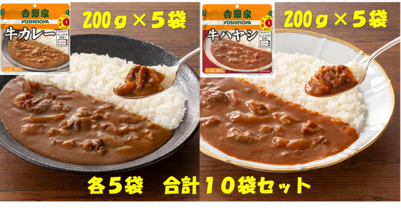 吉野家 レトルト牛カレー・牛ハヤシ 2種各5袋 合計10袋セット 賞味間近の大特価