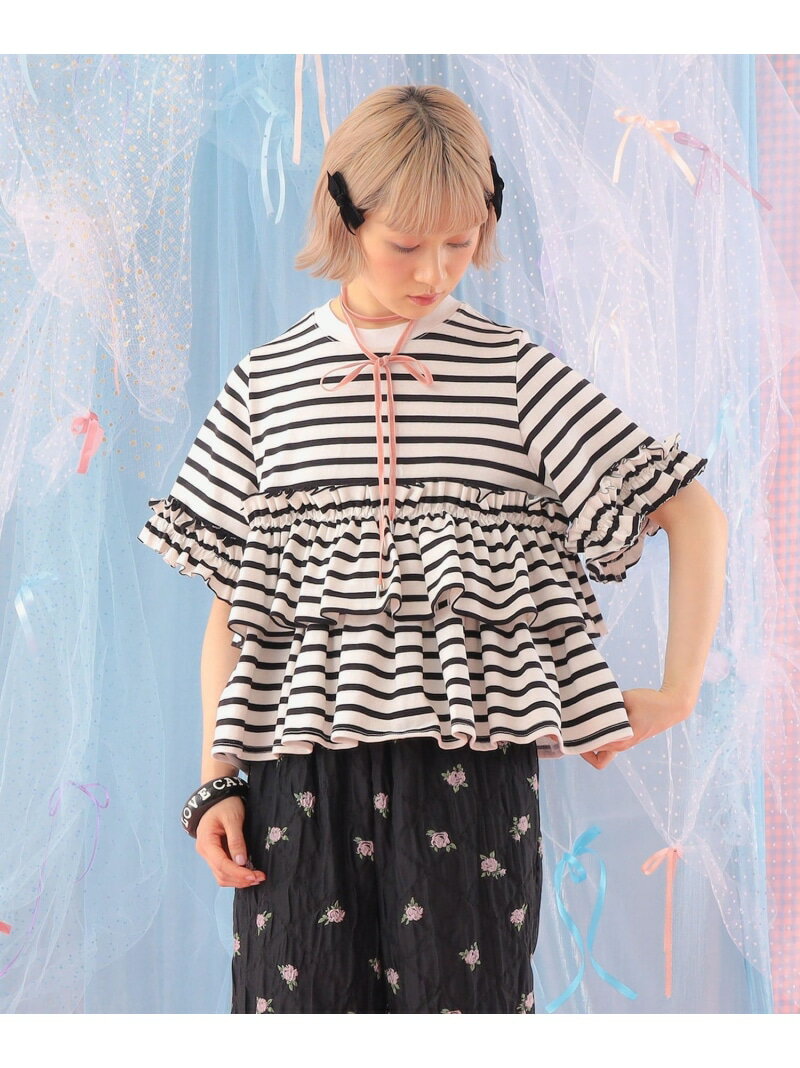 ボーダー フリルカットソー 旅行 主役トップス 映え 大人ガーリー CAROLINA GLASER カロリナ グレイサー トップス カットソー・Tシャツ ブラック ブルー【送料無料】[Rakuten Fashion]
