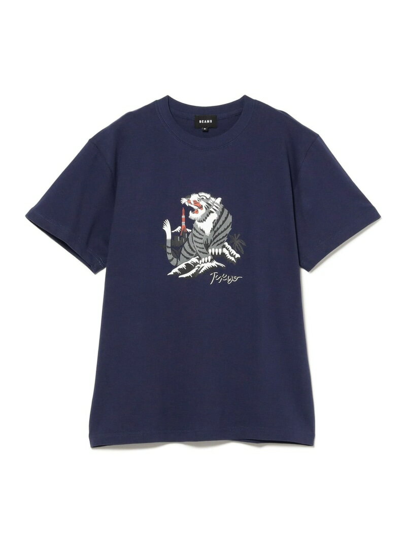 BEAMS T｜TOKYO SOUVENIR T-shirt｜メンズ Tシャツ 半袖｜スーベニア スカジャン風 グラフィック｜虎 虎柄 タイガー 東京タワー｜ストリート モダン｜水洗い可能｜春夏 BEAMS T ビームスT トップス カットソー・Tシャツ ホワイト ネイビー【送料無料】[Rakuten Fashion]