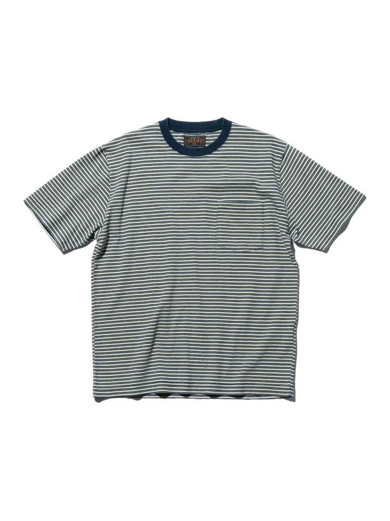 BEAMS PLUS｜Pocket Tee Indigo Stripe｜メンズ トップス Tシャツ｜半袖 ポケットT｜インディゴ糸 ストライプ柄｜経年変化 褪色 味わい｜手洗い可能｜春夏 BEAMS PLUS ビームス メン トップス カットソー・Tシャツ イエロー グリーン レッド ホ【送料無料】[Rakuten Fashion]