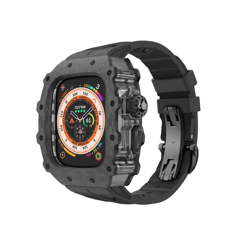 Apple Watch Ultra 2ケース炭素繊維フッ素ゴムバンド、豪華iWatch Ultra 49 mm男性炭素繊維ケース、フッ素ゴムバンドApple Watch 49 mm保護バンパーカバーの交換に適している