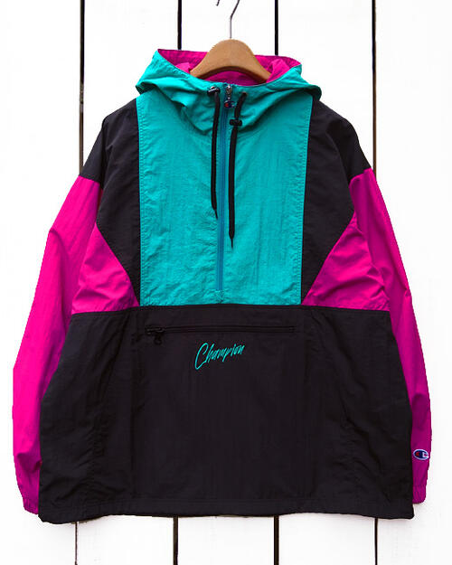 Rakuten - Champion Action Style Hooded Anorak Jacket / Black washer nylon pullover チャンピオン アクション スタイル フーデッド アノラック ジャケット / ブラック ターコイズ ピンク 切替 ナイロン ワッシャー レトロ スポーツ champion