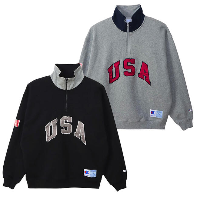 Rakuten - Champion Action Style Half Zip Sweat / pullover retro / USA / 2-Col チャンピオン アクション スタイル ハーフジップ スウェット / プルオーバー 裏毛 サテン アップリケ ロゴ ルーズフィット / 2色展開 champion action 90s