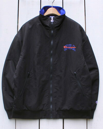 Rakuten - Champion Action Style Zip Jacket / Black washer nylon fleece lined チャンピオン アクション スタイル ジップ ジャケット / ブラック x ブルー ナイロン ワッシャー x フリース 裏地 保温 レトロ スポーツ champion