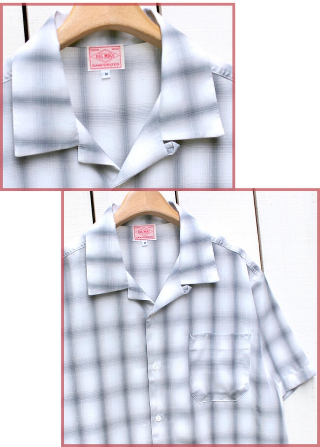 BIG MIKE Ombre Check SS Shirts rayon mix relax fit / Wht x Gry ビッグマイク オンブレー チェック 半袖 シャツ レーヨン混 リラックスフィット オープンカラー オンブレ ホワイト グレー big mike work