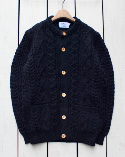 Kerry Woollen Mills Aran Cable Collarless Cardigan knit sweater wool / Midnight ケリー ウーレンミルズ アランケーブル カラーレス カーディガン ウッドボタン ニット セーター ダークネイビー / made in England 英国製 kerry