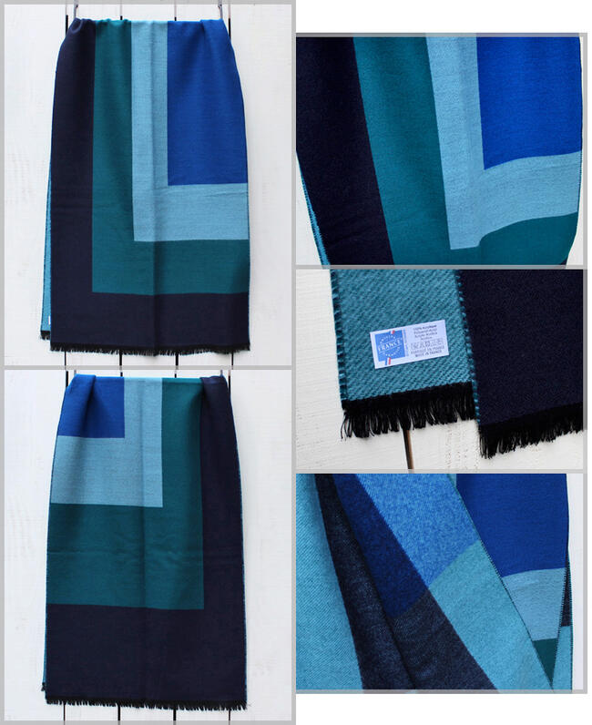 Pierre Quioc Color Block Stole / scarf 60 x 190 acrylic / Navy Blue Green Made in france ピエール キオック カラーブロック ストール / スカーフ 切替 配色 アクリル フリンジ ネイビー ブルー グリーン フランス製 pierre 2