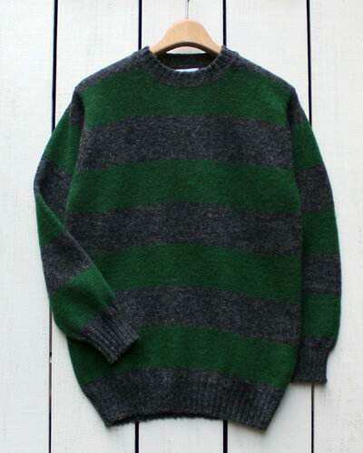 Jamieson 039 s Border Crew Neck sweater knit wool 2tone Green Grey / unisex made in scotland ジャミーソンズ ボーダー クルーネック セーター ニット シェットランド ウール グリーン グレー jamiesons